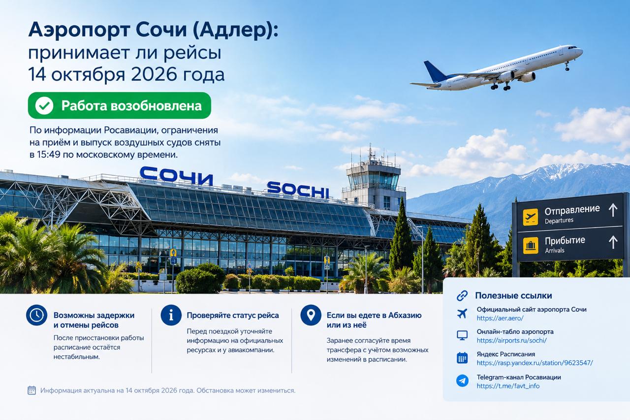 Аэропорт Сочи (Адлер): принимает ли рейсы 14 октября 2026 года