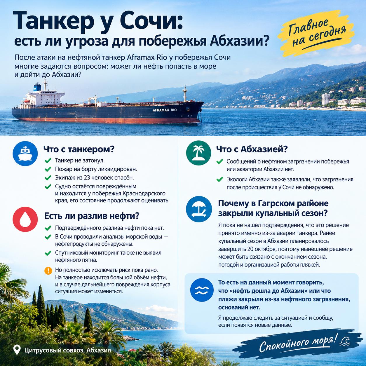 Танкер у Сочи: есть ли угроза для побережья Абхазии?